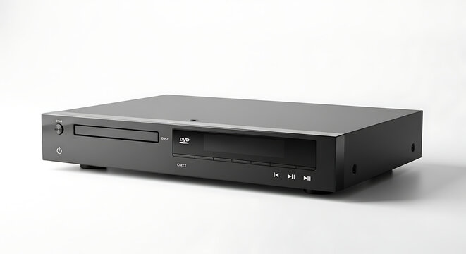 A minimalist black dvd player centered on a white background in a studio setting with soft lighting ai generated