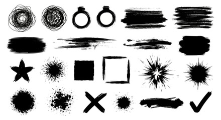 Collection of black ink brush stroke elements including scribbles paint splatters star square cross and check mark