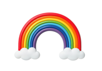 A vibrant rainbow with seven distinct color bands arches across a transparent background, supported by fluffy white clouds at each end. Isolated