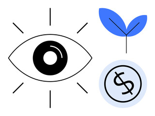 Eye symbol with radiating lines, sprouting leaf, and dollar coin underline insight, sustainability, and wealth. Ideal for business, finance, vision ecology innovation success creativity. A simple