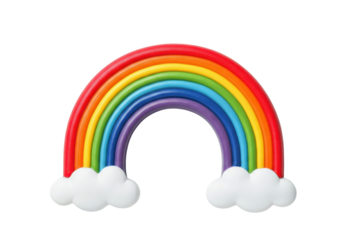 A vibrant rainbow with seven distinct color bands arches across a transparent background, supported by fluffy white clouds at each end. Isolated