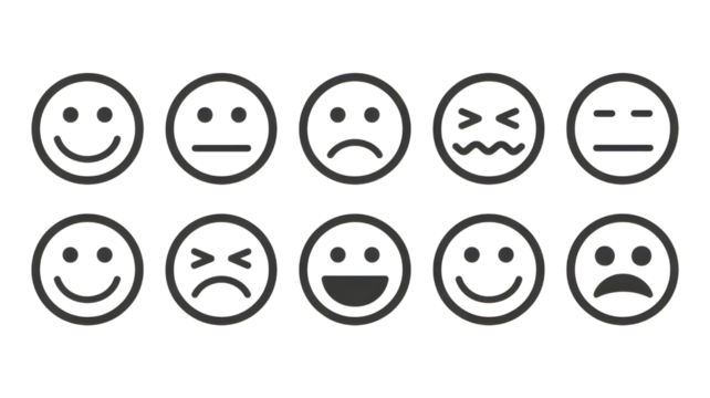 Ten gray scale emoji icons arranged in two horizontal rows - Powered by Adobe