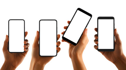 Four phones with blank screens held by hands on black background