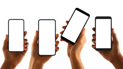 Four phones with blank screens held by hands on black background