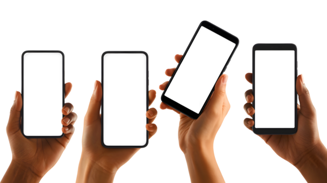 Four phones with blank screens held by hands on black background - Powered by Adobe