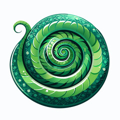 Vibrant green serpent coil illustration with ornamental details and spiraling pattern