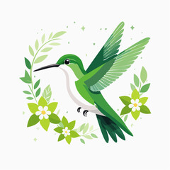 Vibrant green hummingbird in flight surrounded by floral wreath