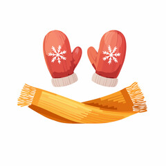 Warm winter accessories red mittens and orange scarf isolated on white