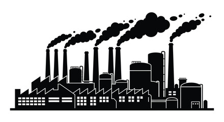 Fototapeta premium Industrial factory silhouette with smoking chimneys illustrating air pollution, environmental impact, and industrialization, depicting a heavy industry plant.