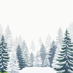 Winter forest scene with snowy trees and overcast sky illustration