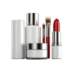 Obraz premium A collection of white cosmetic containers including a jar, bottles, and tubes, alongside a red lipstick and makeup brushes. The objects are isolated