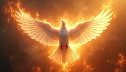 Illustration of white dove with outstretched wings against fiery background. Symbol represents Holy Spirit Pentecost Sunday. Perfect for religious events church designs. Spiritual concept with dove