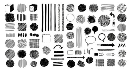 Collection of hand drawn black and white sketchy graphic elements including circles squares lines and arrows for design