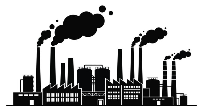Industrial factory complex silhouette with smoking chimneys emitting air pollution, depicting environmental impact of manufacturing and energy production.
