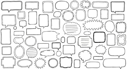 Collection of hand drawn speech bubbles and thought bubbles in various shapes and sizes on a white background