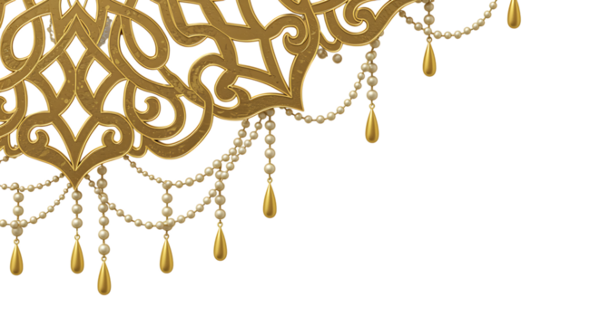 Elegant golden ornamental border with pearls and droplets on transparent background