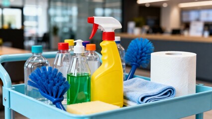 Professional cleaning cart with accessories. Light blue cleaning cart filled with sprayers, bottles, brushes, and paper towels for commercial interiors.
