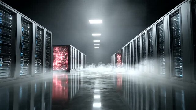 Server room corridor with racks, fog and red lights on glossy floor
