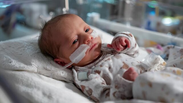 Premature baby receiving care in an intensive care unit with medical equipment at a neonatal facility