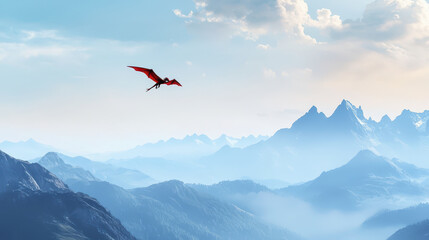 Fototapeta premium Vibrant dragon flying over majestic mountains creates stunning visual of adventure and fantasy