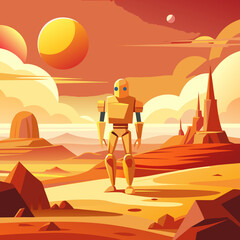 Robot exploring a vibrant alien desert landscape with multiple suns
