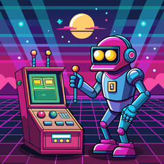 Retro robot plays arcade game under neon sunset sky