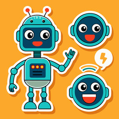 Cute cartoon robot character with multiple expressions and symbols