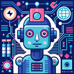 Naklejka premium Futuristic robot with circuit board background and technology icons