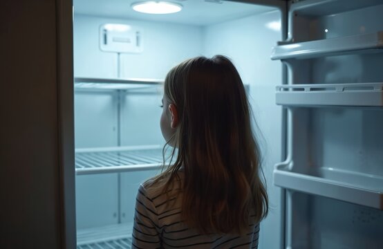 Young girl looks into empty refrigerator. Child stands in front of open fridge with no food inside. Girl explores kitchen appliance with shelves and light on.