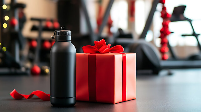 Holiday fitness inspiration! A sleek water bottle and a festive gift box sit ready for a post-workout celebration in a gym setting, with exercise equipment in the background. - Powered by Adobe