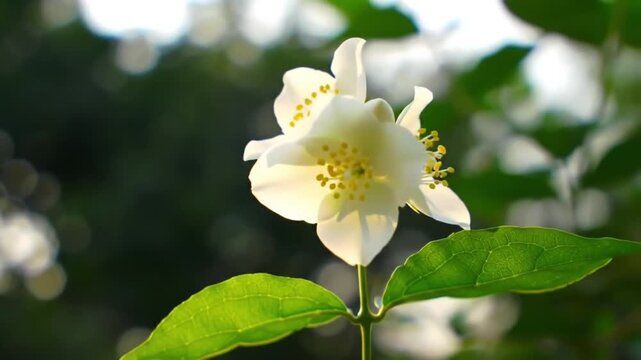 a jasmine flower with sunlight behind it in the afternoon