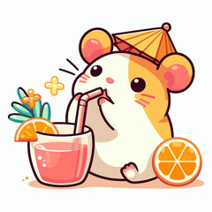 흰 배경 플랫 스타일 햄스터 빨대 꽂힌 칵테일 마시는 귀여운 일러스트 - 트로피컬 음료 즐기는 사랑스러운 동물 여름 EPS10 벡터