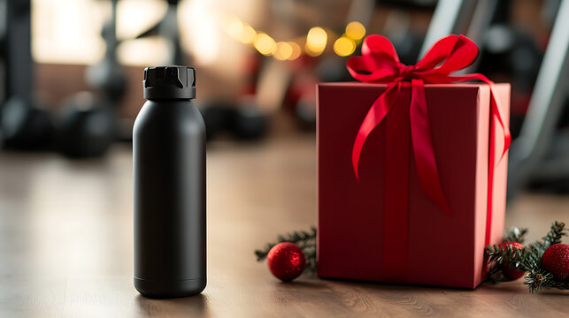 Hydration and Holiday Cheer: A sleek black water bottle stands beside a beautifully wrapped red gift, festive greenery, and bokeh lights in a gym setting, perfect for a healthy holiday.