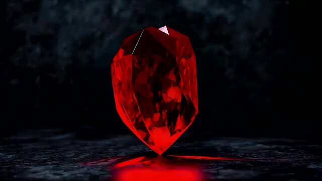 Shining red crystal gemstone placed on dark reflective surface with dramatic lighting creating a luxurious and mysterious visual atmosphere