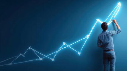 Businessman illustrates growth graph representing progress in a strategic meeting focused on enhancing company performance in a modern office environment