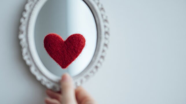 Self-Love Reflection, a single individual forms a heart shape with their hand on a mirror, embracing romance and self-acceptance in a minimalist and serene environment.