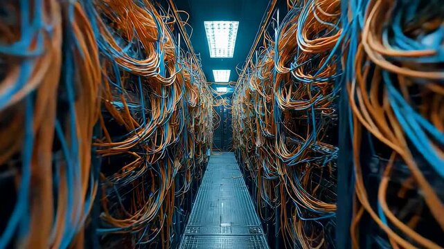 Industrial data center with tangled network cables illuminated in blue light, showing complex server infrastructure and connectivity