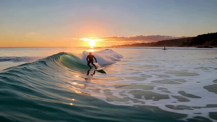 Silhouette of a hydrofoil surfer riding a perfect ocean wave during a golden sunset. - Powered by Adobe