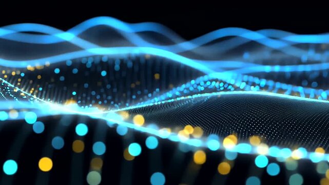 Abstract wave pattern with blue, yellow dots on a dark background