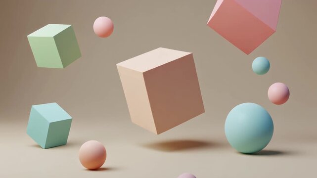 Modern abstract background featuring levitating 3D geometric shapes in soft pastel colors