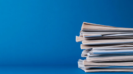Neatly stacked papers against a blue background create a sense of organization and importance. Perfect for conveying office work, documents, records, or paperwork.