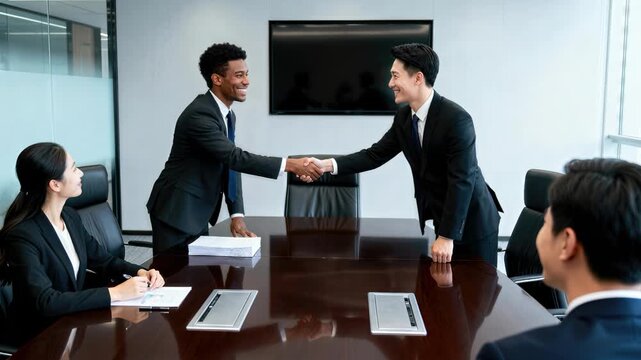 A confident busines handshake and agreement corporate boardroom meeting professional executive finalize deal through partnership, negotiation, and teamwork modern office successful busines meeting