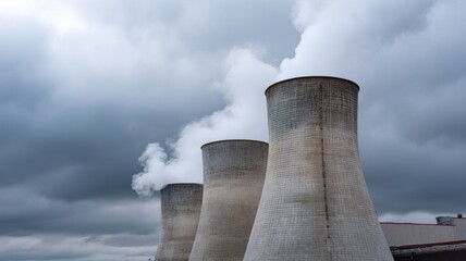 Industrial chimneys exhale ghostly plumes amid moody skies, echoing Earth Day's renewable energy shift and atmospheric alchemy