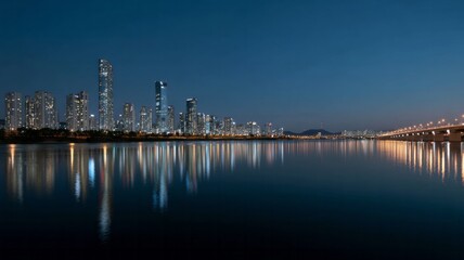 Ethereal twilight whispers over a luminous skyline, reflecting serenity and dreaming beneath the moonlit canopy; evokes Korean Chuseok festivity