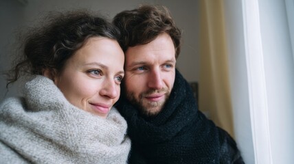 Couple gazing out window wrapped in sumptuous knit scarves, perfect for Nordic hygge or Winter Solstice celebrations