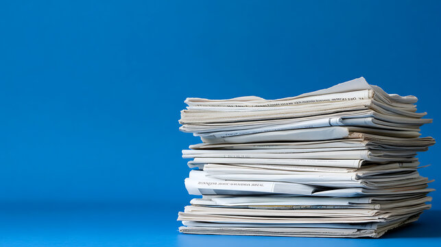 Newsprint Pile on Blue: A stack of newspapers sits against a vivid blue backdrop. The contrast highlights information overload and the daily news cycle.
