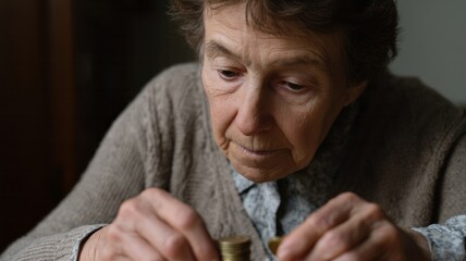 Elderly Caucasian woman meticulously stacks coins, evoking frugal mindfulness, echoing Penny Day and International Frugality Week