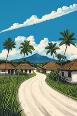 Tropical village with palm-lined path twists toward volcanic majesty, embodying Aloha spirit and Islander Day vibes, serene yet adventurous