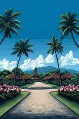 Serene tropical pathway with towering palms, whispering sacred energy in Bali Nyepi spirit, a tranquil escape to Zen