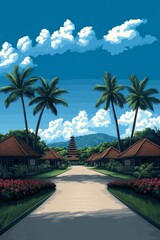 Tranquil Balinese village with lush palm sentinels, celebrating Nyepi silence day and tropical Zen serenity, vibrant cultural escape